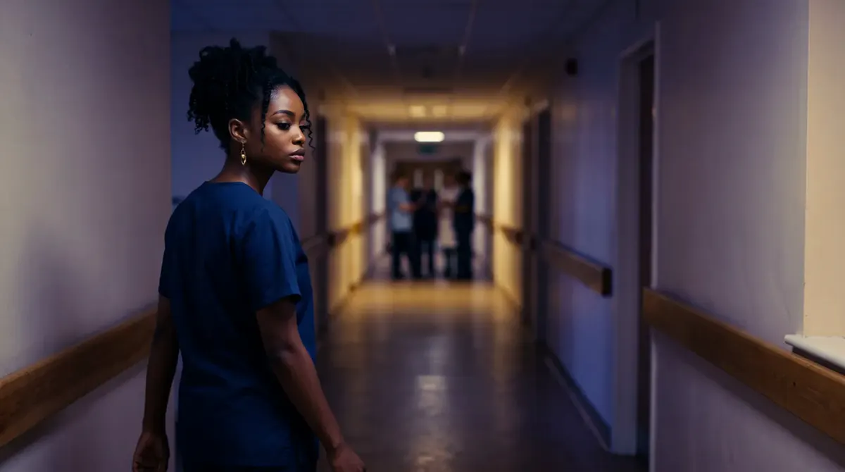 Ava, in navy scrubs, stands at the near end of a dim ward corridor and looks back over her shoulder; far down the corridor a small group of staff gathers by a doorway.