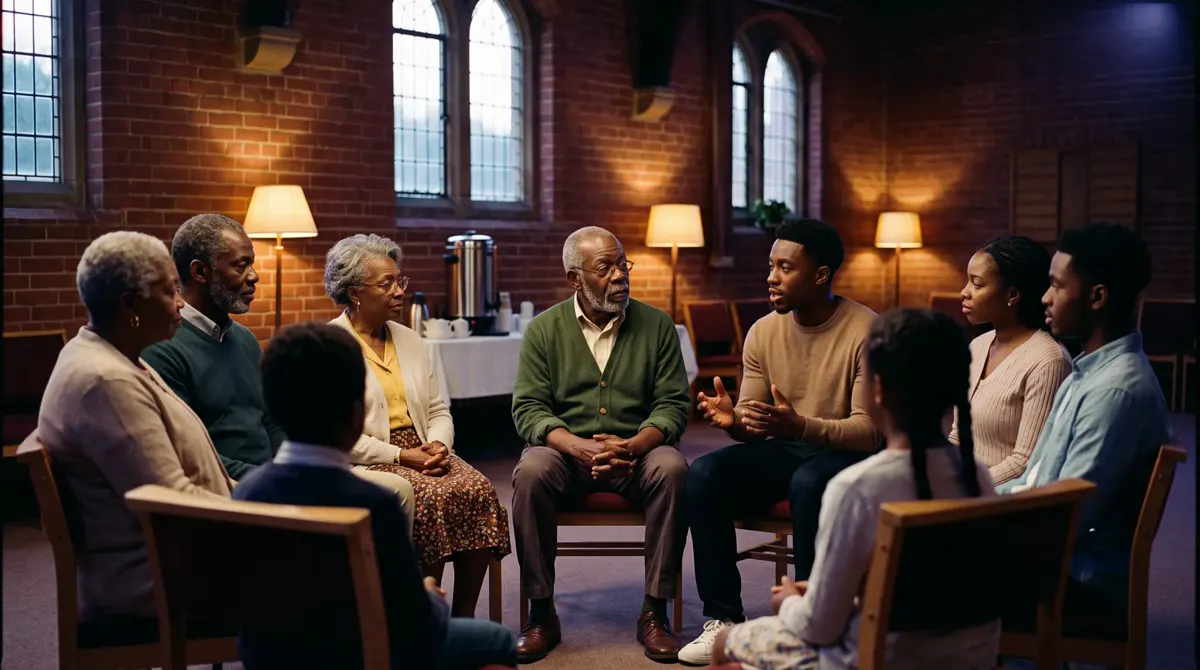 Barry sits in a circle of chairs in a lamplit red-brick hall, among elders, young people and a family, listening as a young man speaks.