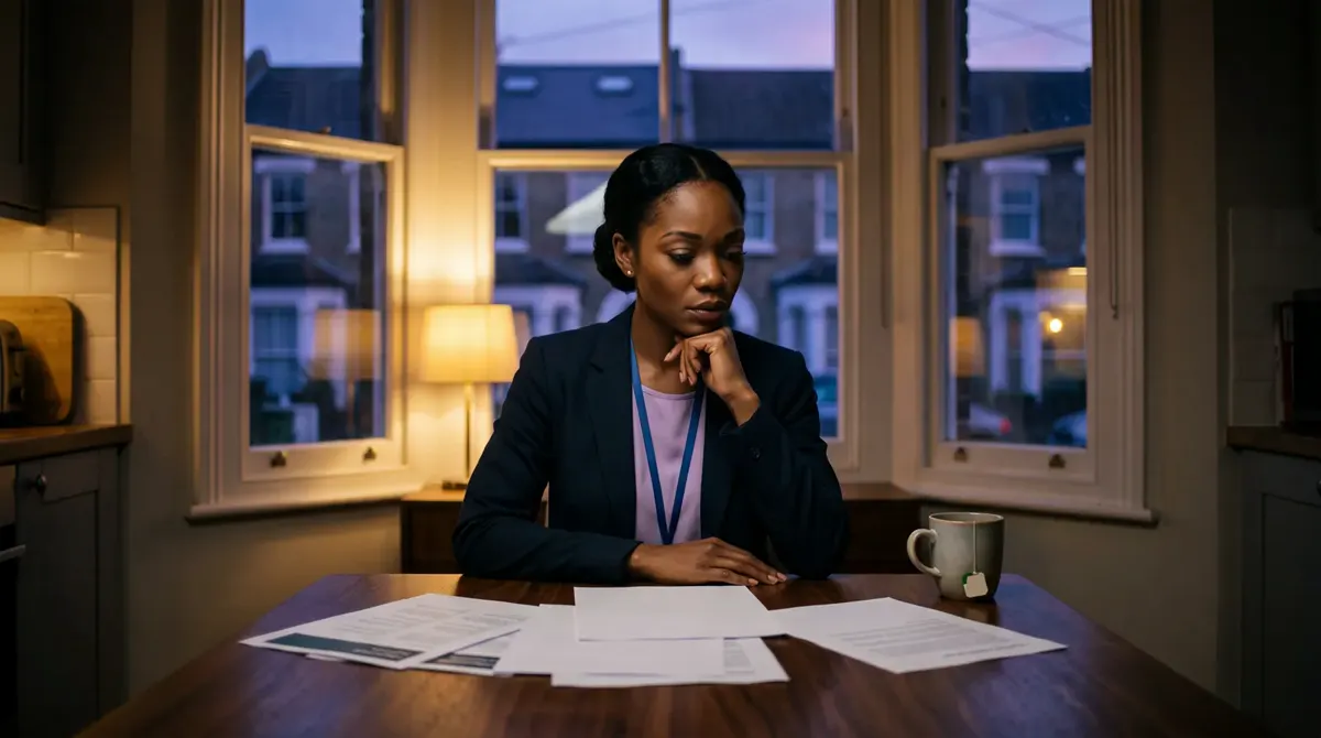 Efua, in a navy blazer, sits at a kitchen table by a sash window in the evening, studying printed evidence laid out in front of her.