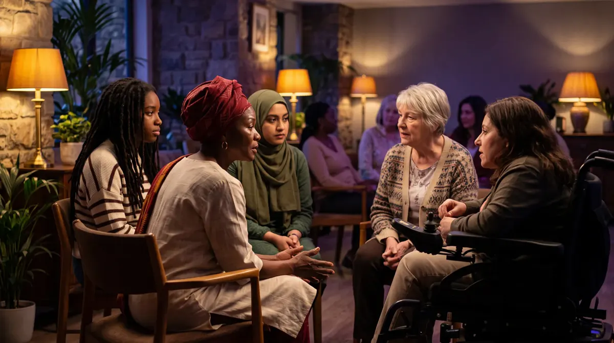 Nia, in her red head wrap and kente stole, sits in a lamplit circle of women of many ages and backgrounds, one in a wheelchair, listening as they talk.